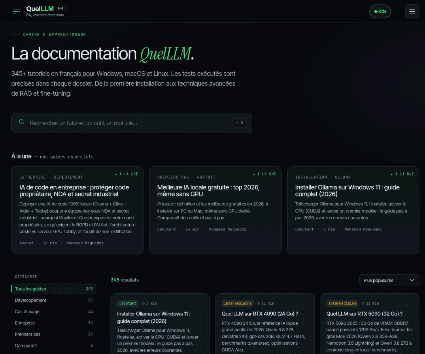 Bibliothèque de guides QuelLLM avec recherche, catégories et tutoriels pour installer des modèles locaux.