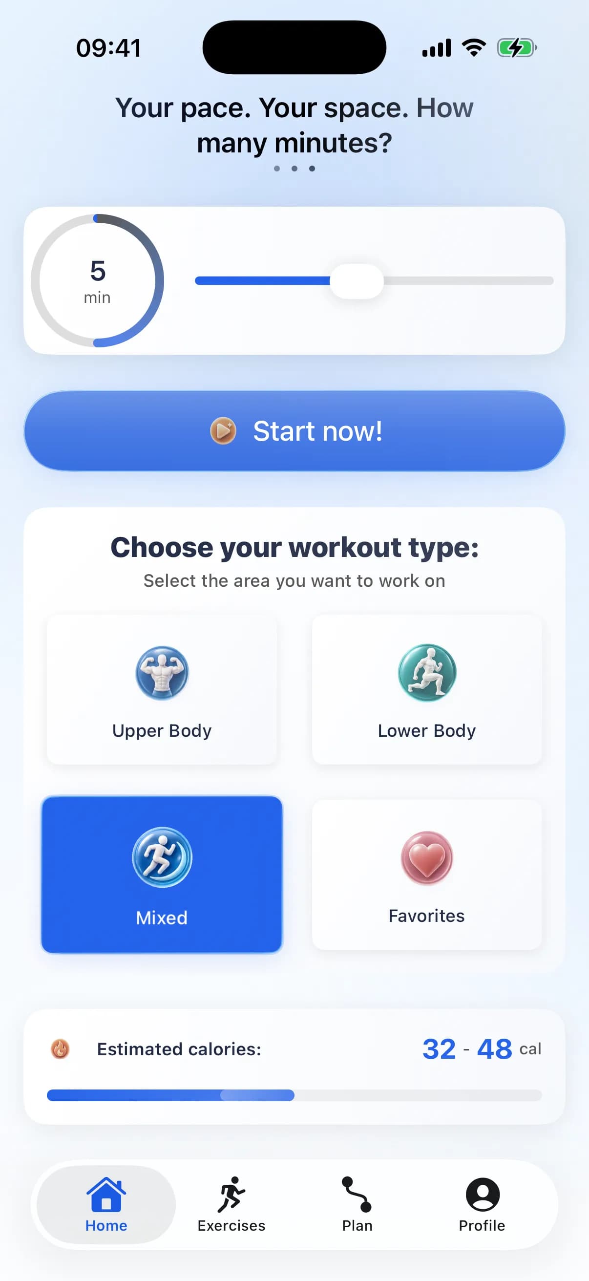 Accueil de RazFit avec le choix de la durée, du type de séance et une estimation des calories.