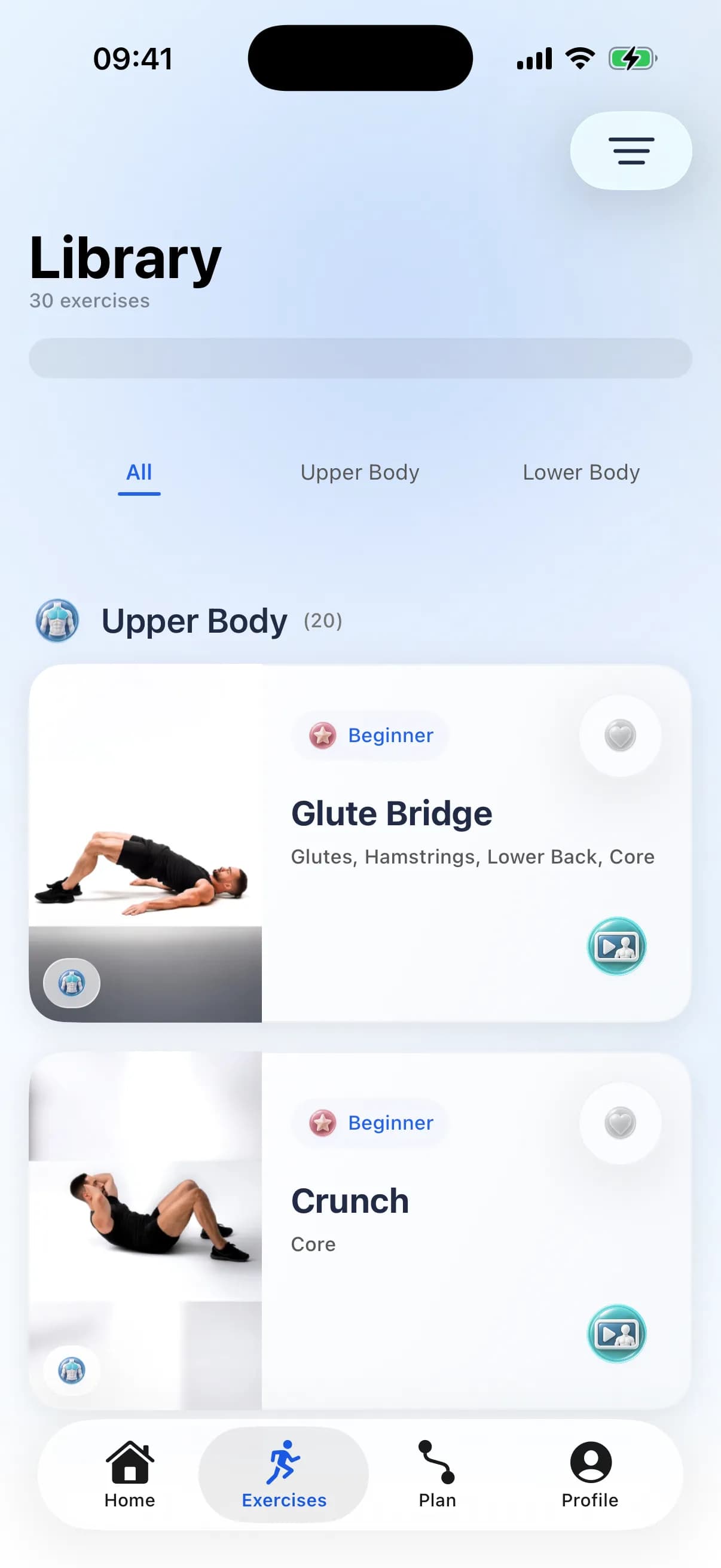 Bibliothèque de RazFit avec les exercices, leurs zones musculaires et les favoris.