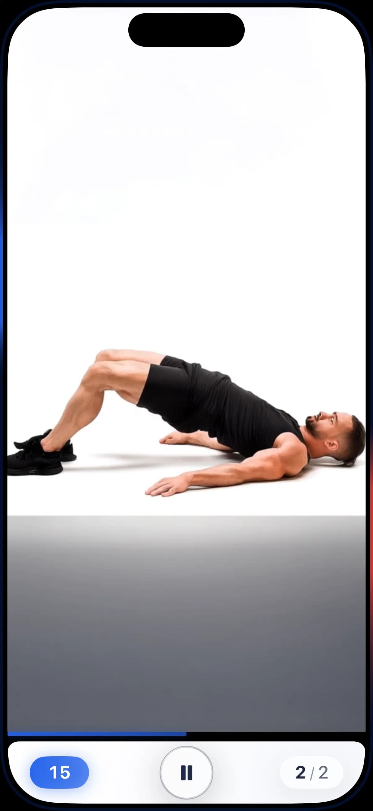 Séance guidée de RazFit montrant un exercice en vidéo, le compte à rebours et les commandes de lecture.