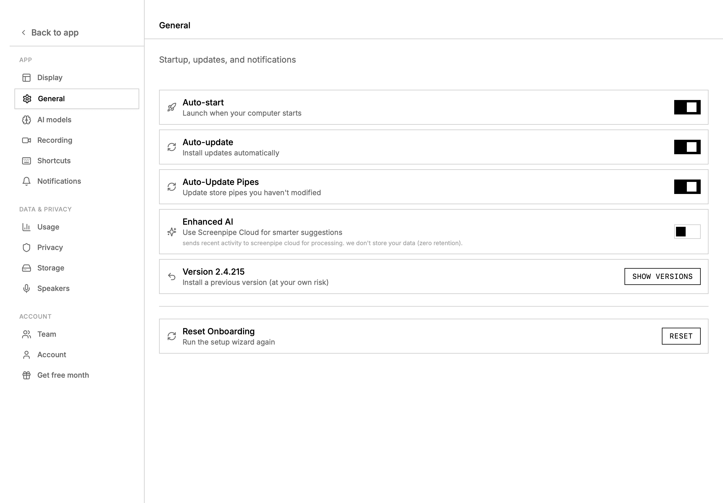 Réglages généraux de l’application Screenpipe : démarrage, mises à jour et confidentialité.