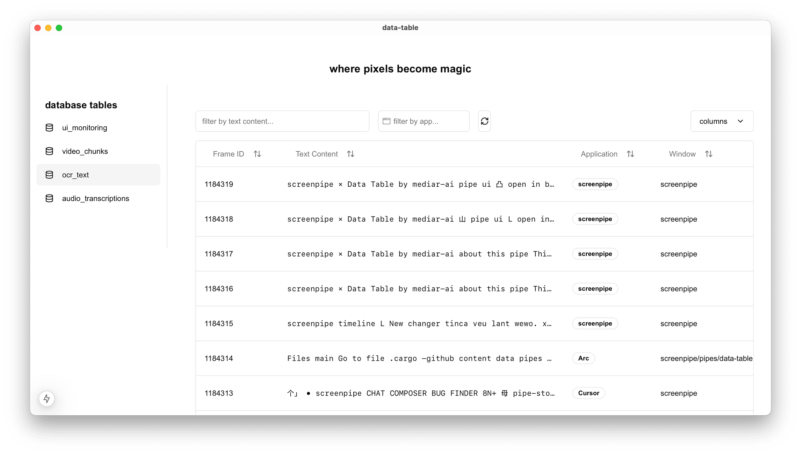 Table de données listant le texte capturé, l’application et la fenêtre associés.