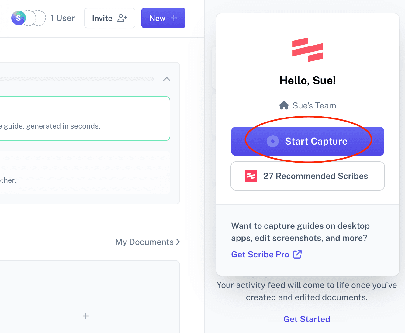 Extension Scribe avec le bouton permettant de démarrer la capture d’une procédure dans le navigateur.