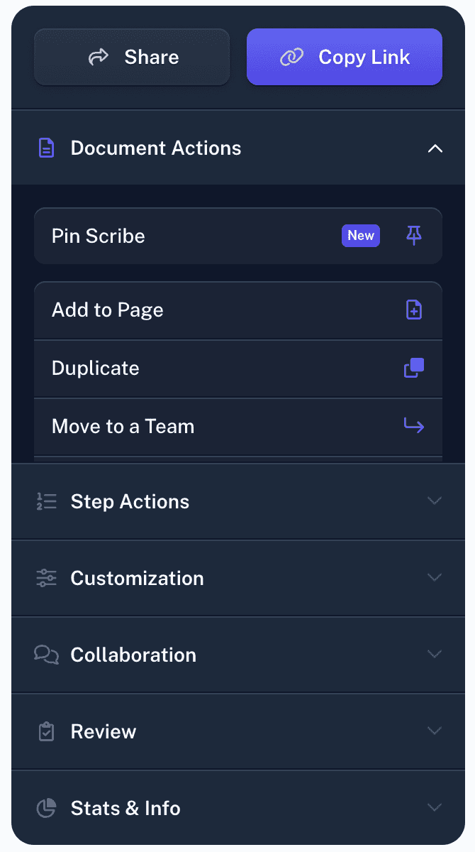 Menu Scribe présentant le partage par lien, la duplication et les actions d’organisation d’un guide.