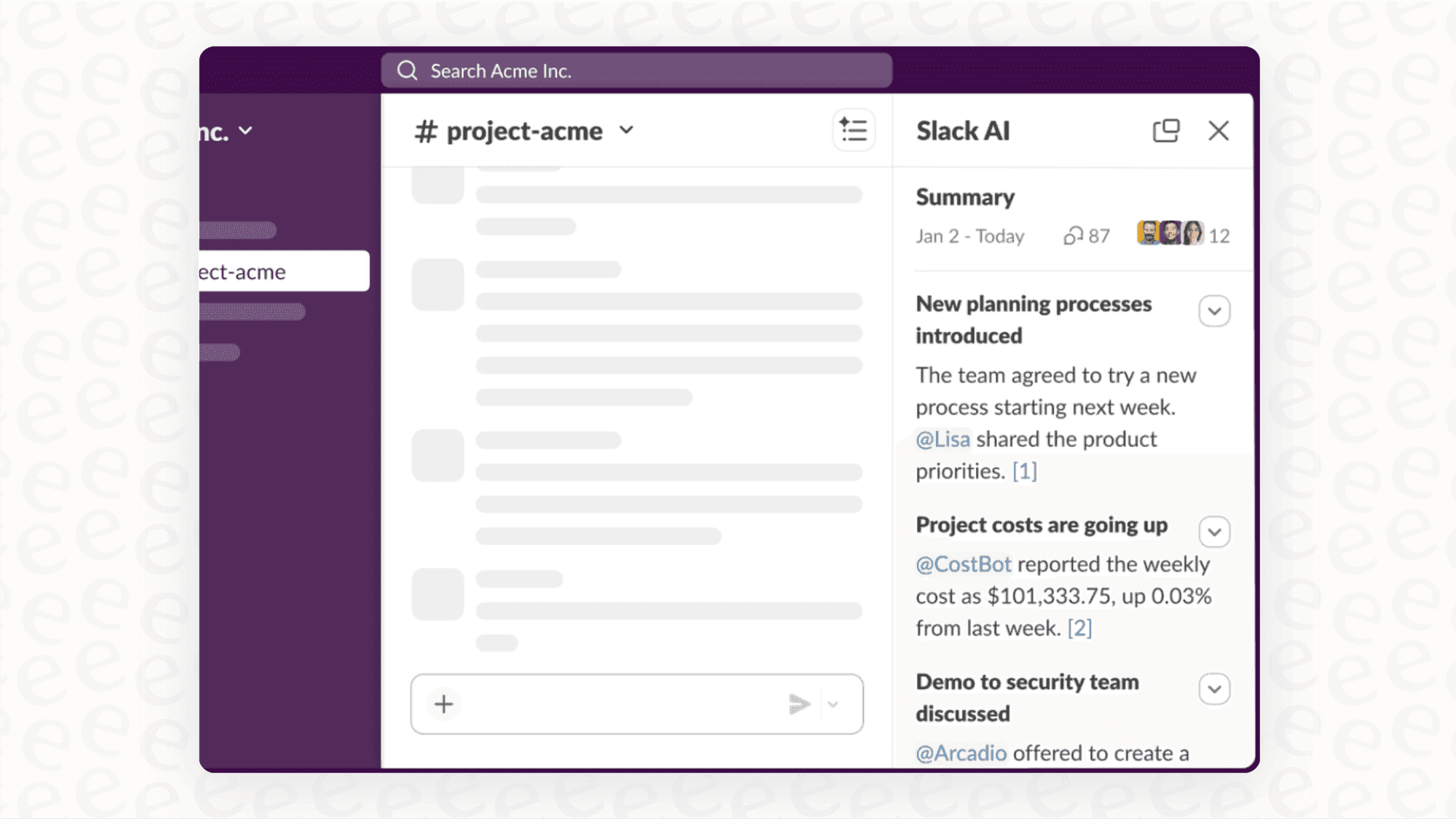 Capture d’écran de Slack AI affichant un résumé de conversation dans un espace de travail Slack.