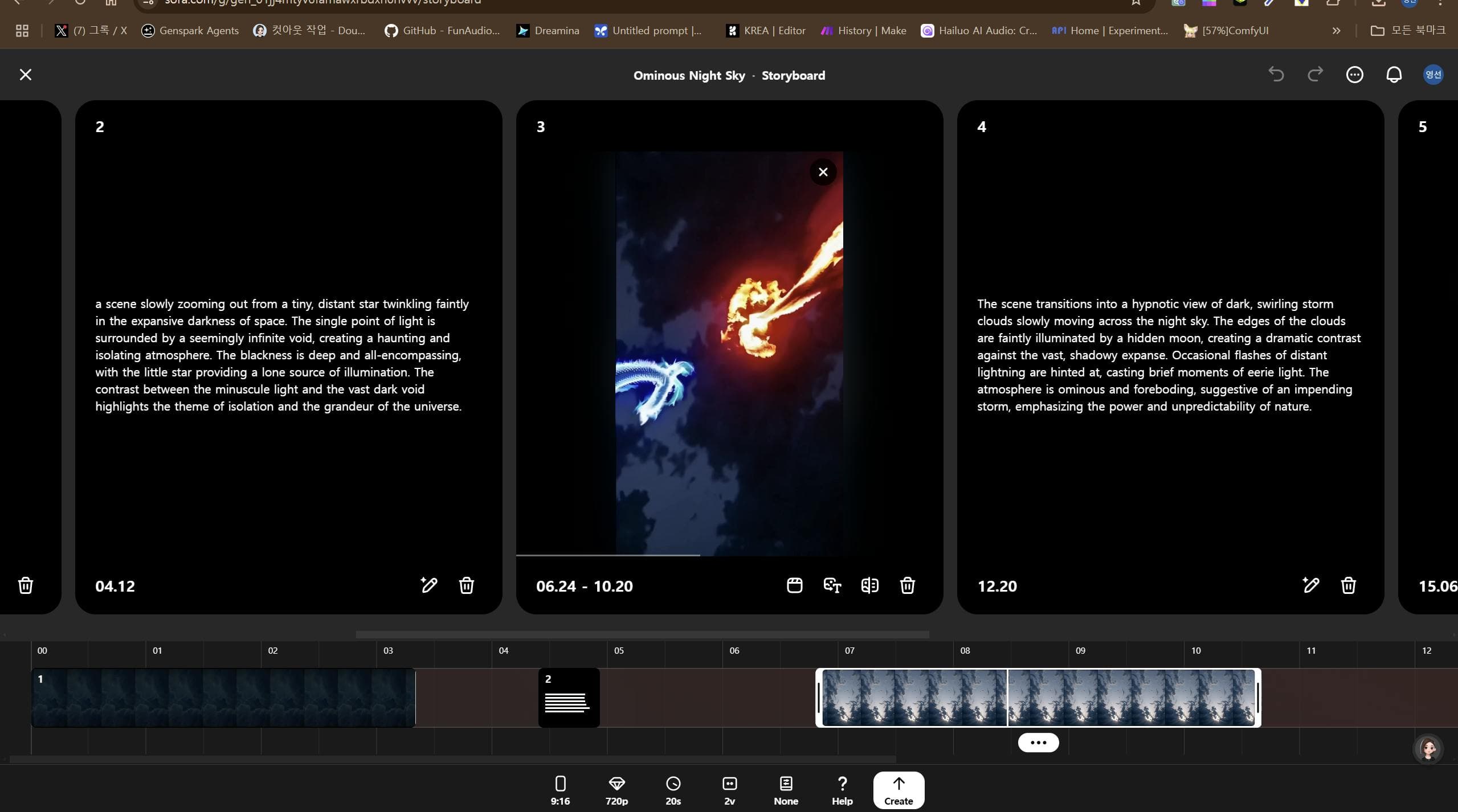 Capture d’écran de l’interface Sora d’OpenAI affichant un storyboard vidéo avec des séquences générées.