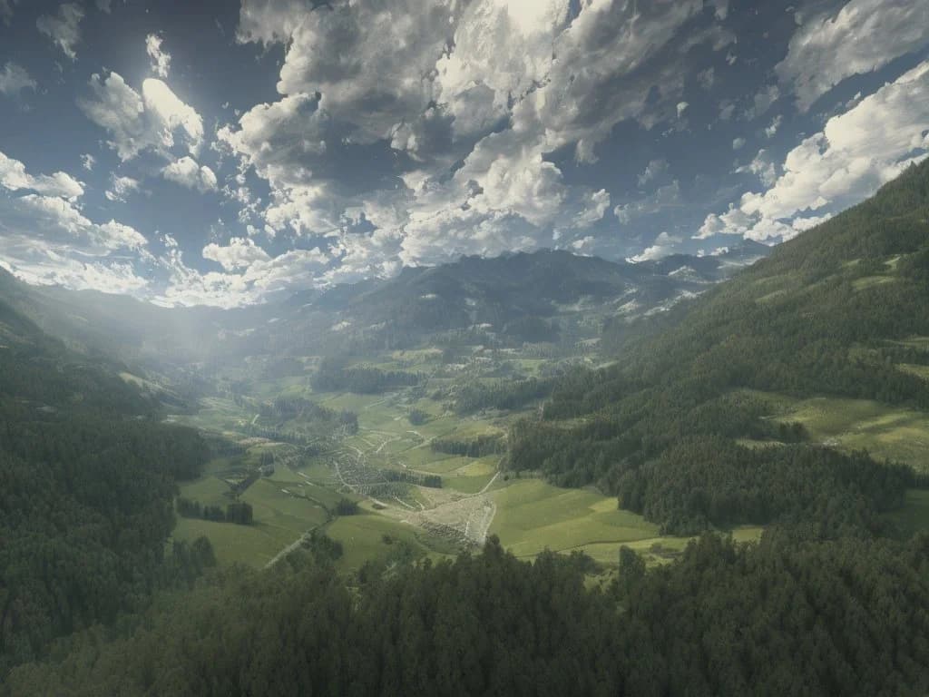 Paysage de vallée et montagnes généré avec Stable Diffusion 2.0, issu de la publication officielle de Stability AI.