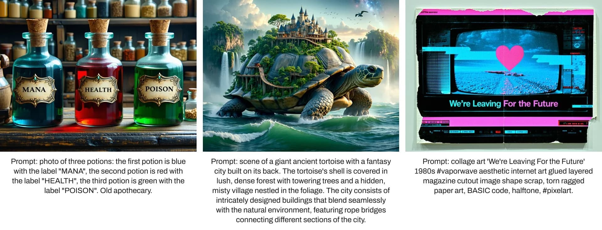 Exemples officiels de Stable Diffusion 3.5 accompagnés de leurs prompts : flacons étiquetés, tortue portant un château et collage rétro.
