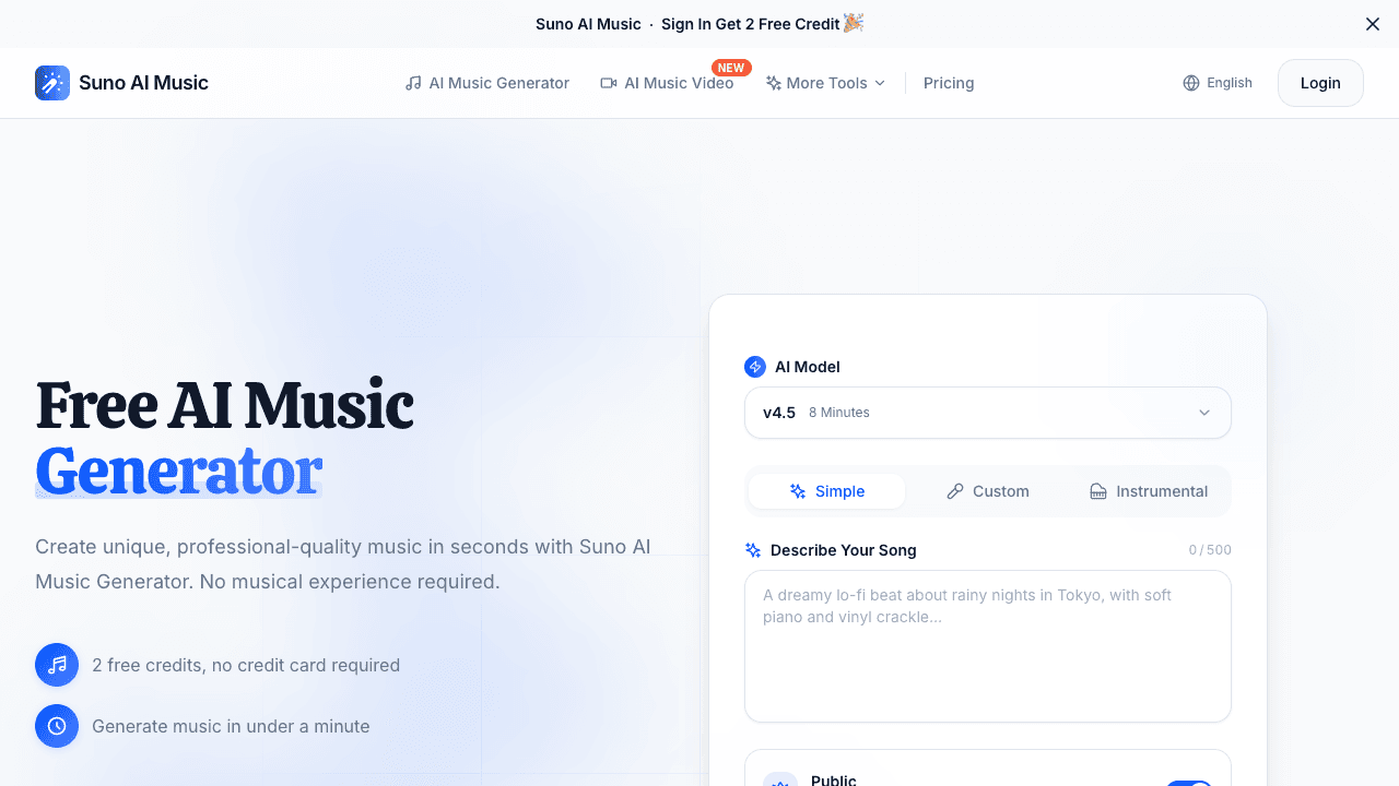 Capture d’écran de l’interface Suno AI Music Generator, une plateforme de génération musicale par IA avec options de création rapide.