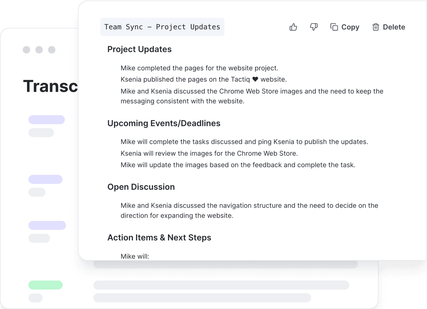 Exemple officiel de compte rendu Tactiq avec avancement du projet, discussions et prochaines actions.