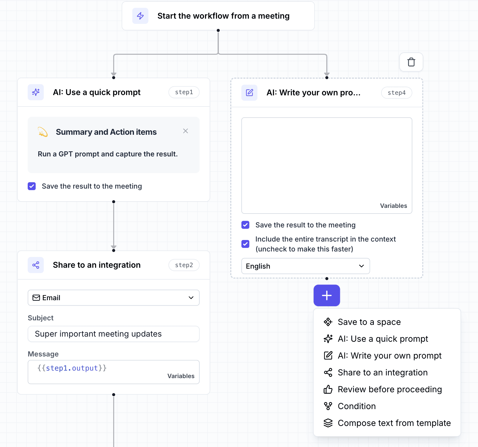 Éditeur de workflow Tactiq associant résumé IA, consigne personnalisée et partage du résultat après une réunion.