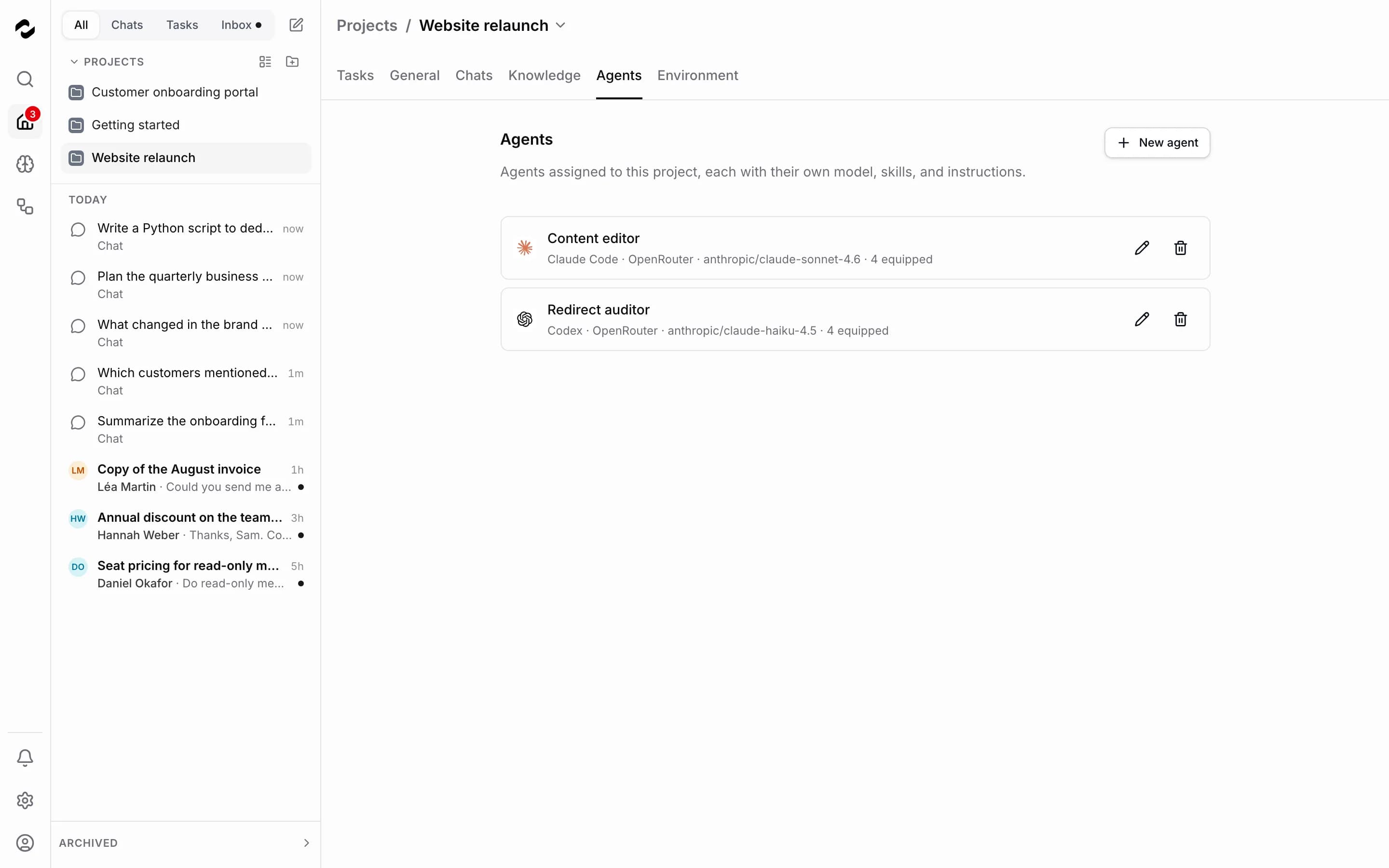 Agents du projet, environnements d’exécution et modèles configurés.