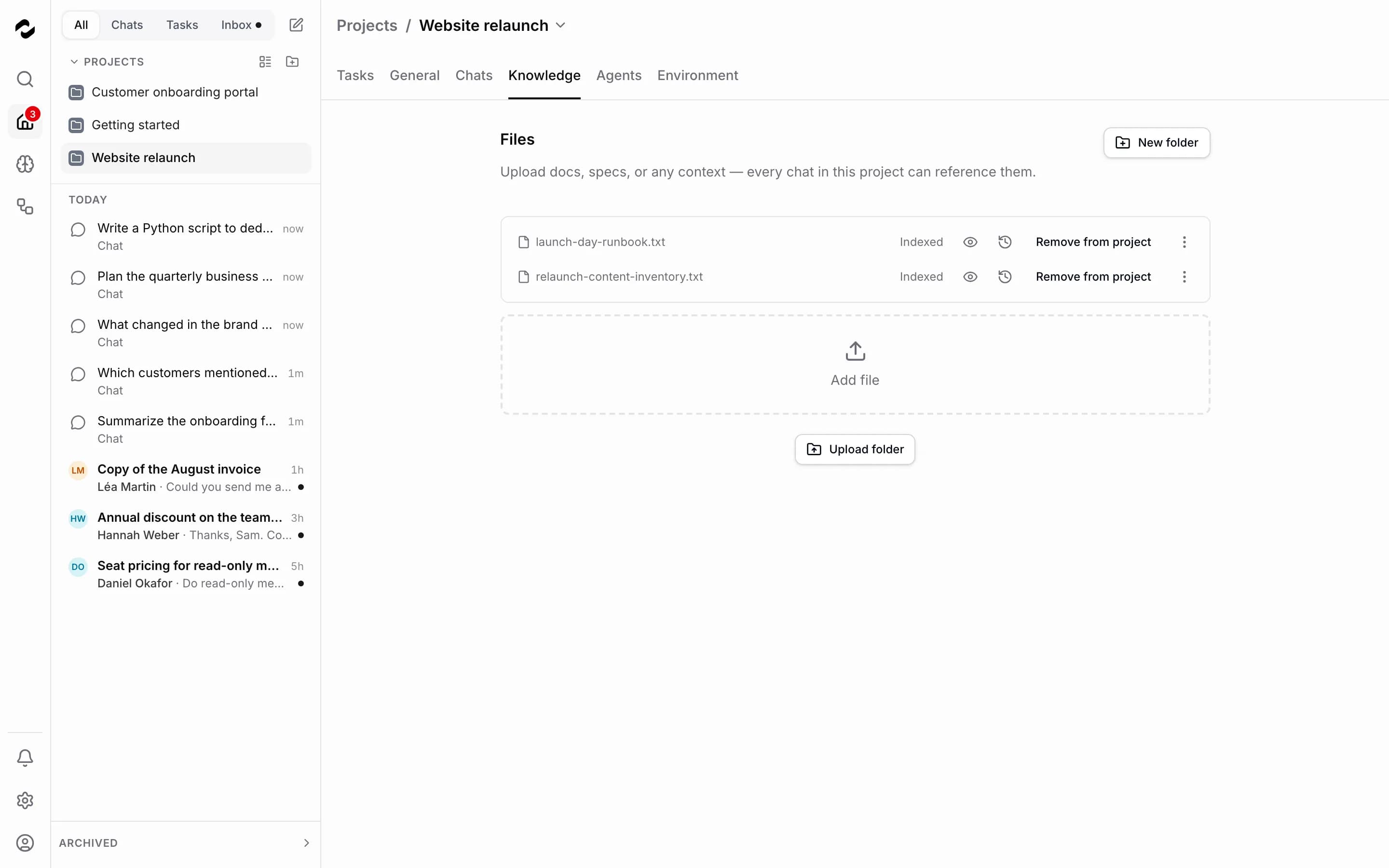 Fichiers partagés et connaissances du projet.