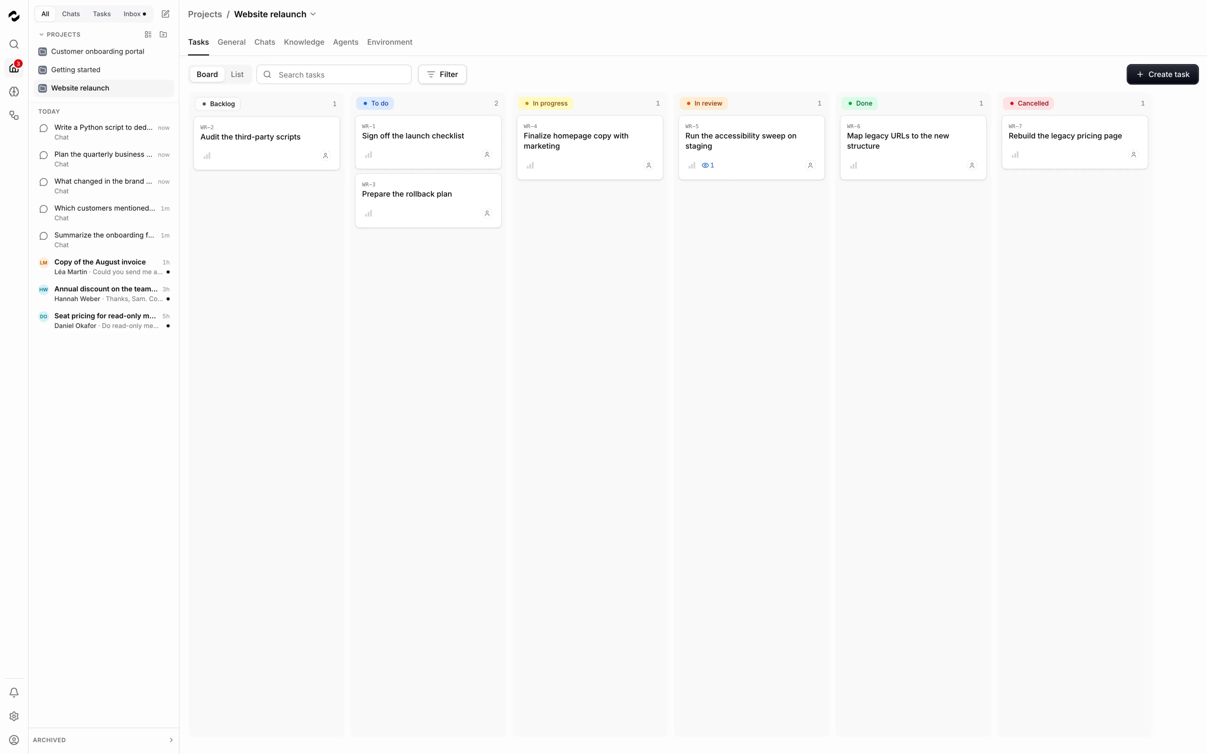 Tableau de tâches du projet et étapes de révision.