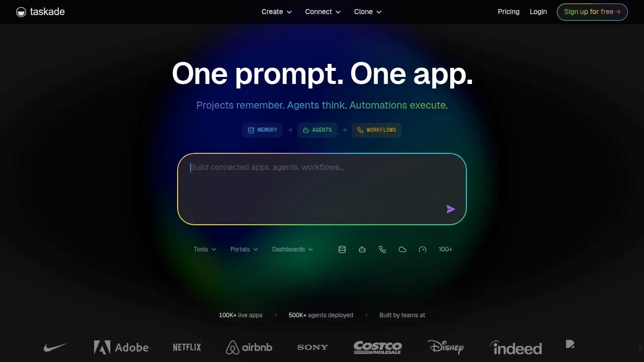 Capture d’écran de l’interface d’espace de travail collaboratif de Taskade présentant des invites, la mémoire, des agents et des flux de travail.