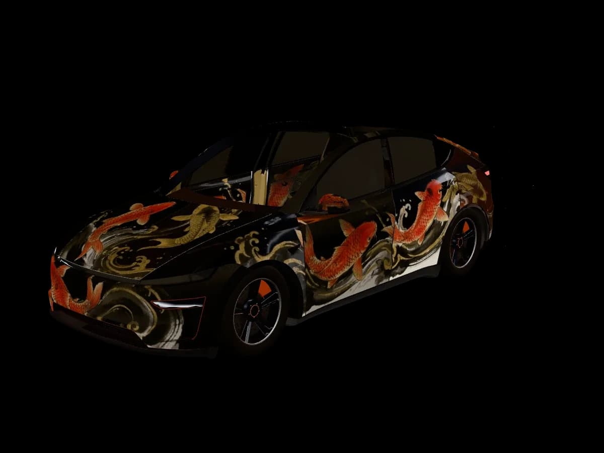 Aperçu 3D d’un habillage carpes koï sur une Tesla Model Y.