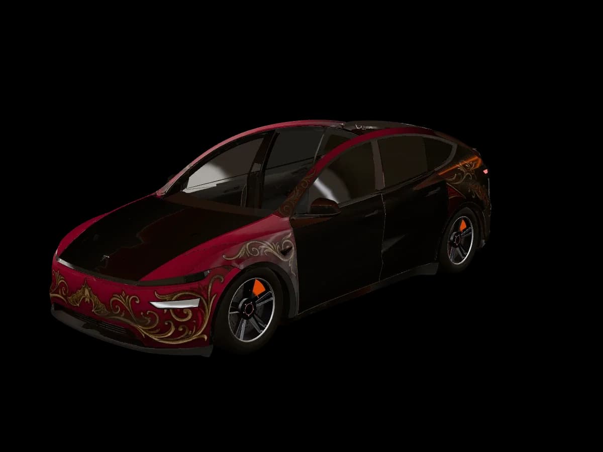 Aperçu 3D d’un habillage rouge et noir sur une Tesla Model Y L.