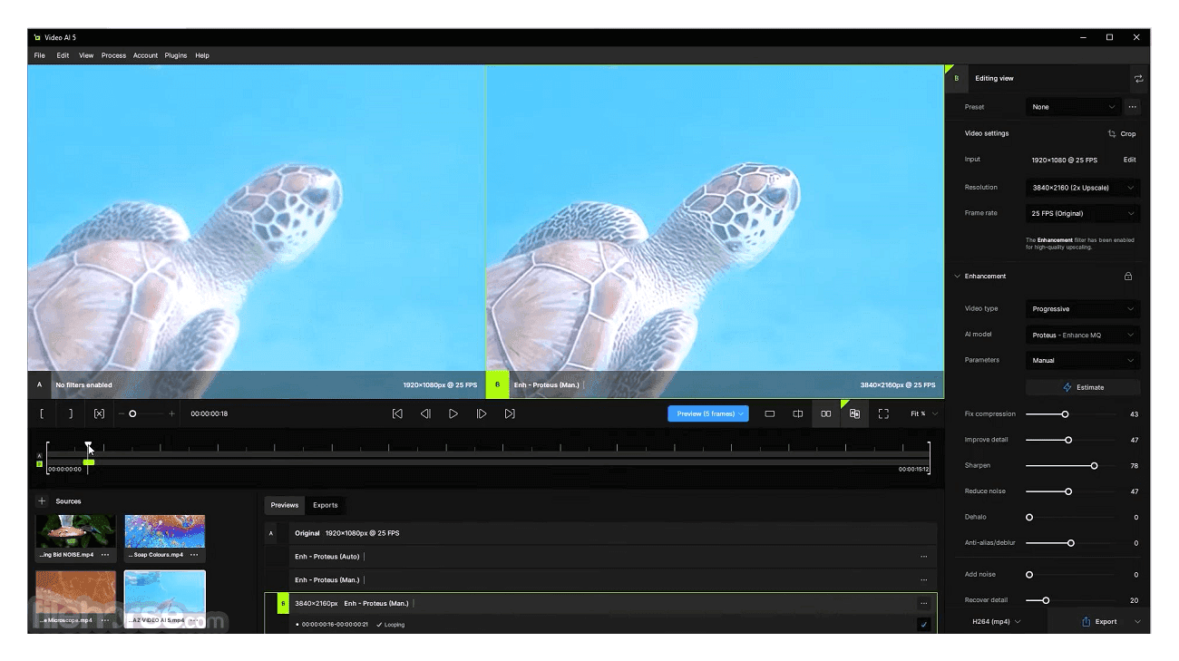 Capture d'écran de Topaz Video AI montrant la mise à l'échelle vidéo d'une tortue avec des capacités d'amélioration 4K/8K.