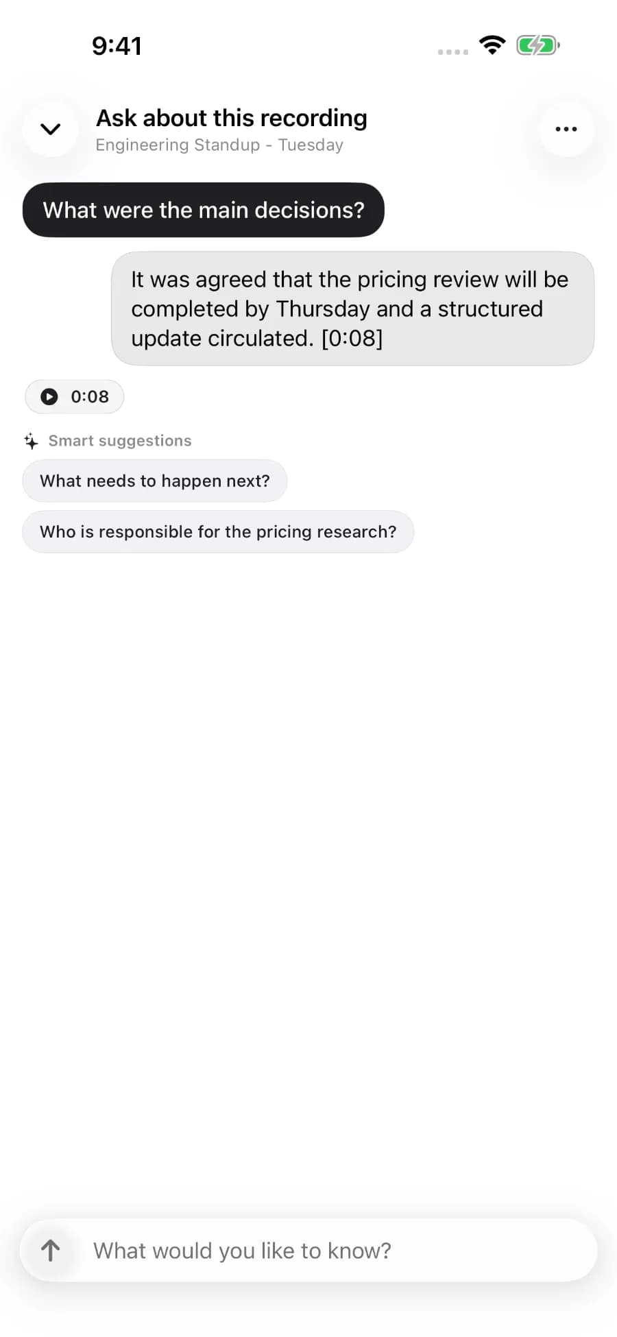 ToText : question sur un enregistrement et réponse accompagnée d’un repère temporel.