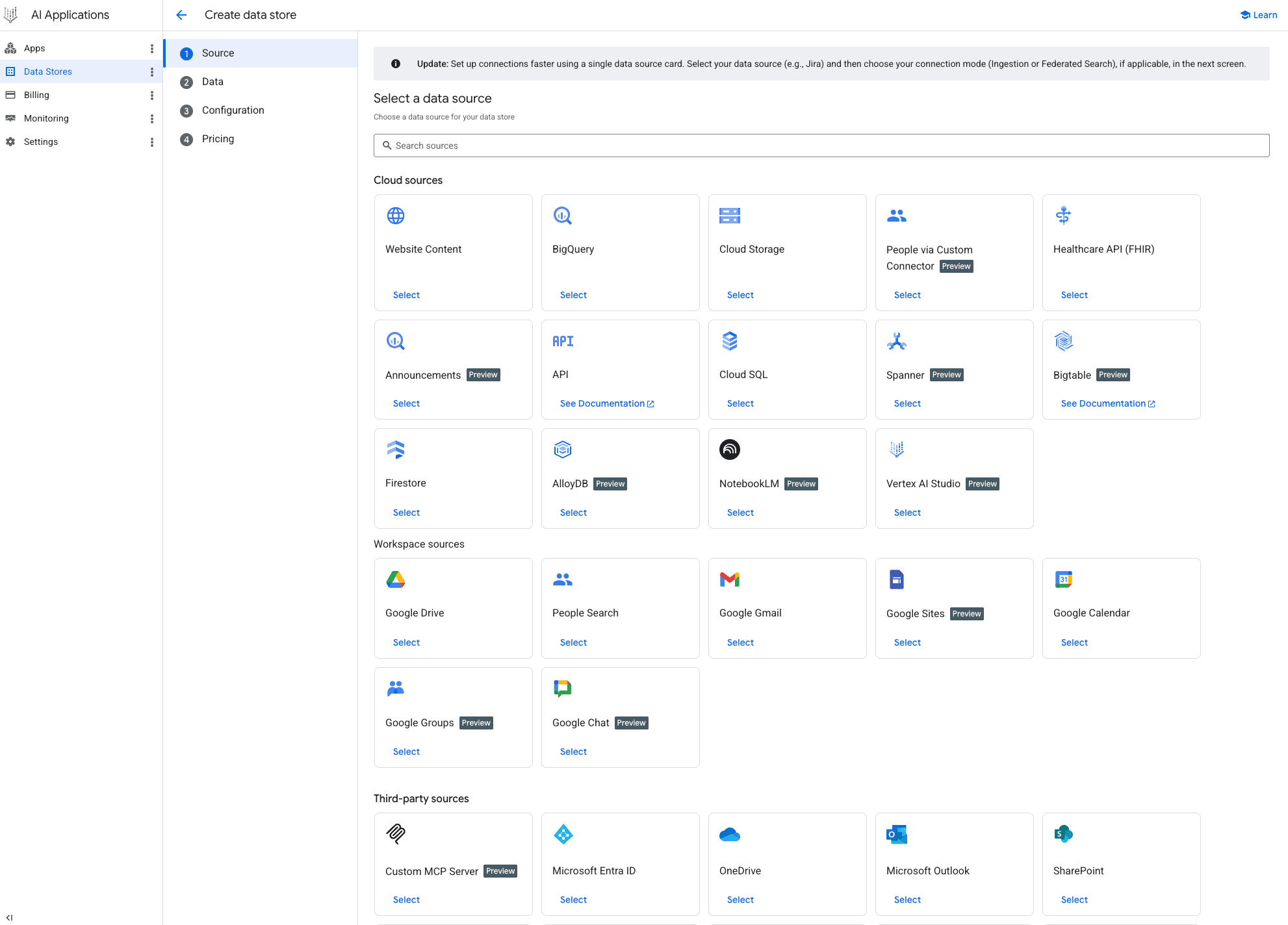 Capture d’écran de l’interface Vertex AI sur Google Cloud, présentant la création d’un data store et la sélection de sources de données.