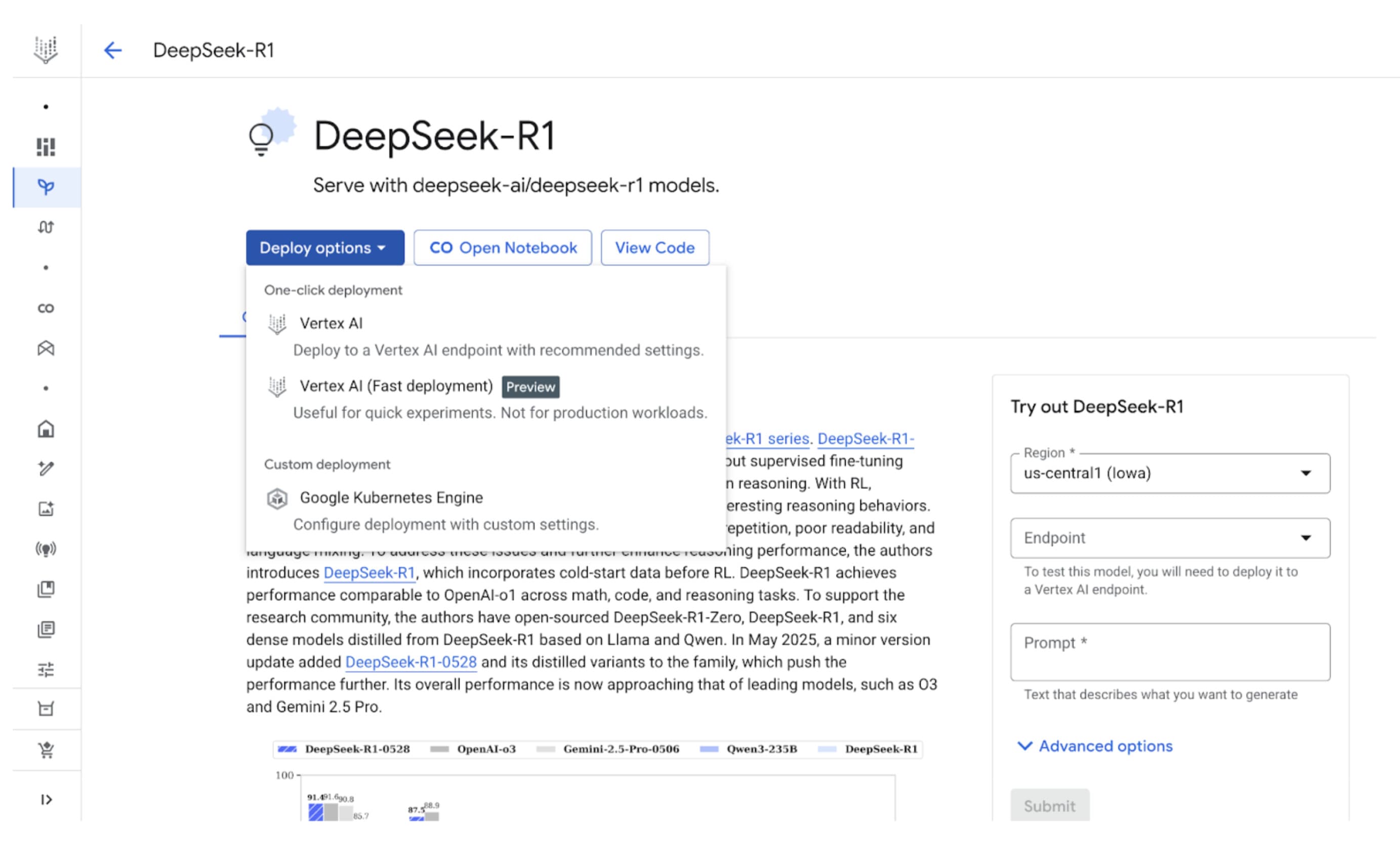 Capture d’écran de l’interface Vertex AI de Google Cloud présentant le déploiement et le test du modèle DeepSeek-R1.