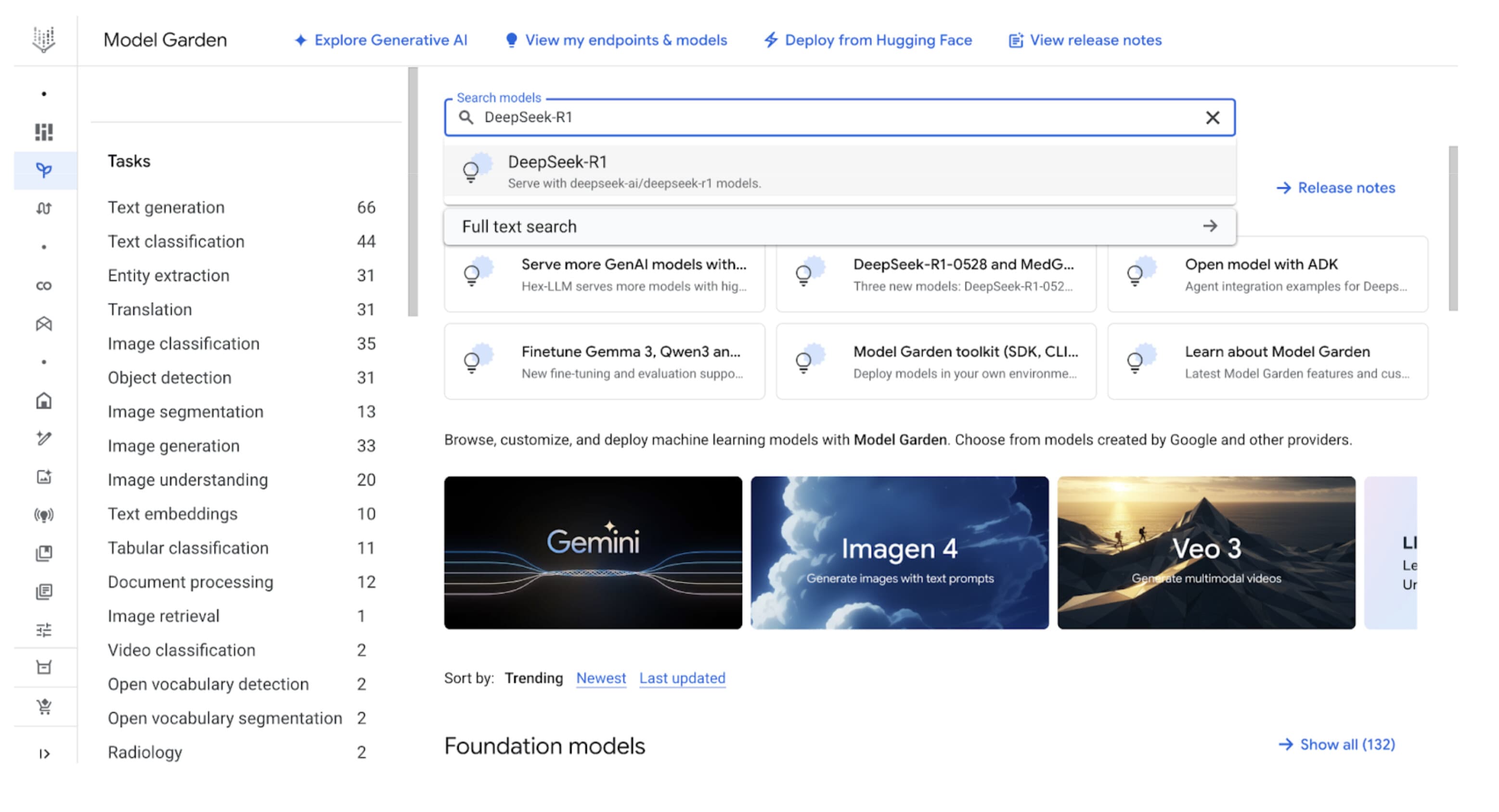 Capture d’écran de Vertex AI Model Garden sur Google Cloud, montrant l’interface de gestion et de recherche de modèles IA.