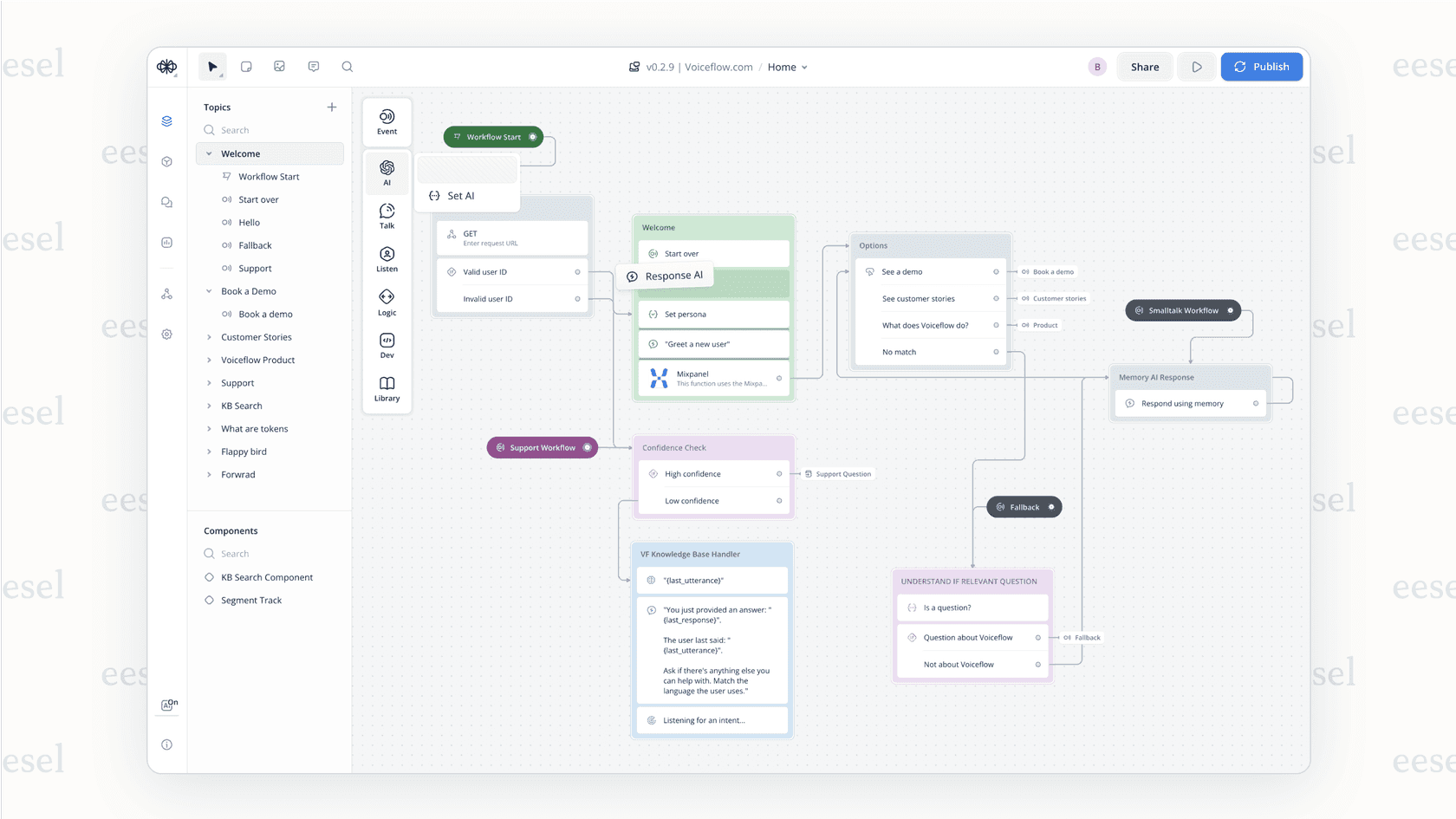 Capture de l’éditeur visuel Voiceflow montrant un workflow de conversation IA avec blocs et intégrations.