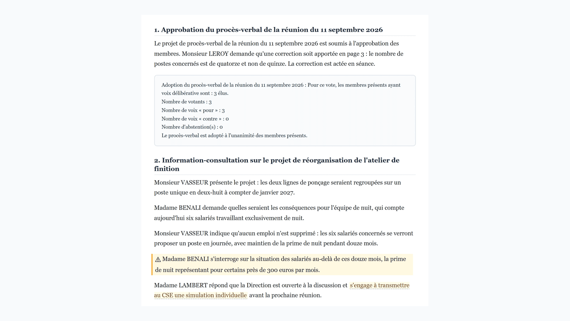 Le projet de PV : votes encadrés, engagements surlignés, passages à vérifier signalés (séance fictive).