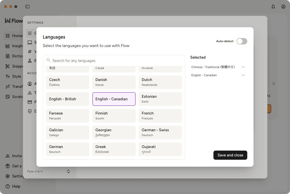 Fenêtre de réglages de Wispr Flow pour choisir les langues de dictée parmi une longue liste, avec détection automatique.