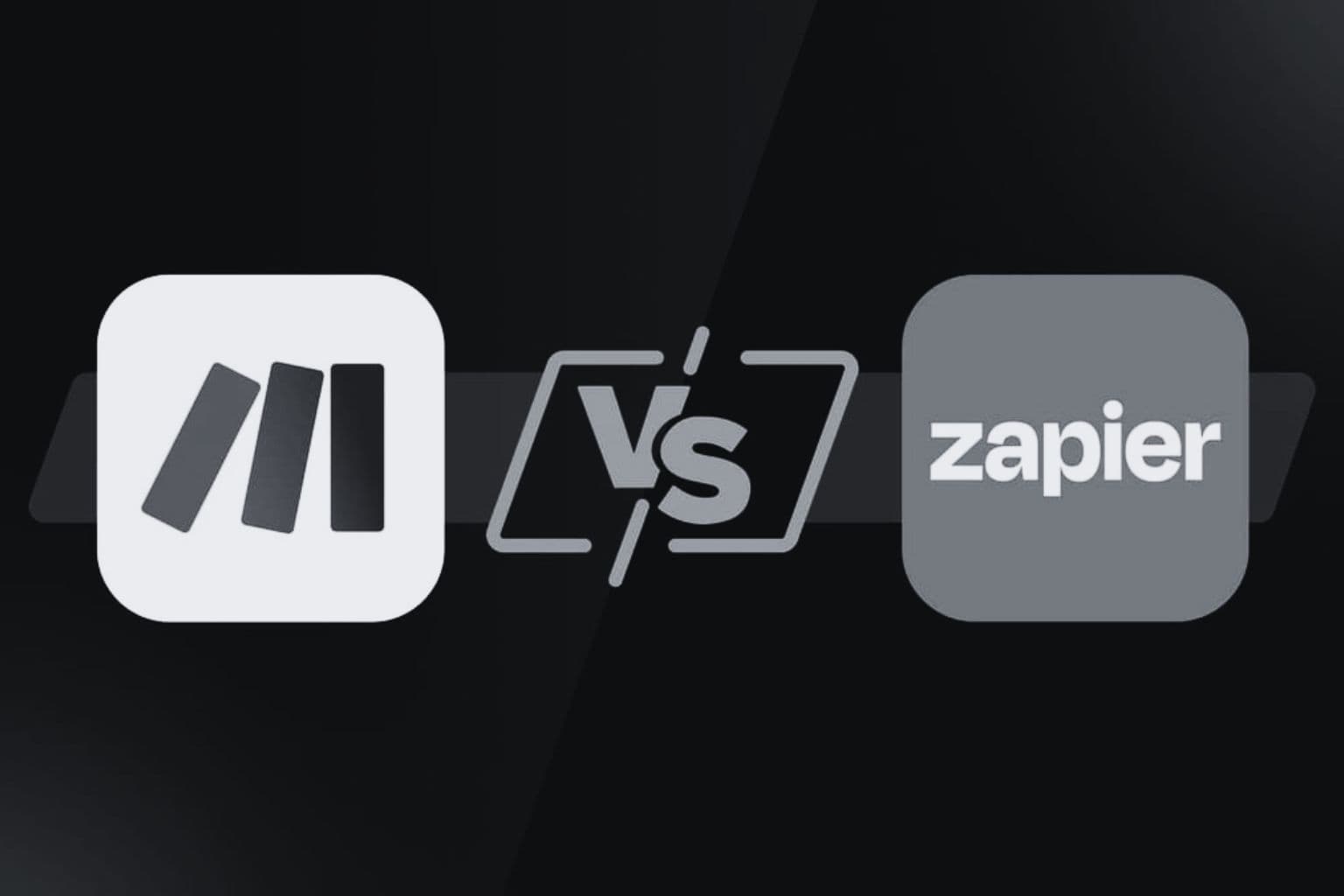 Visuel comparatif de Zapier AI avec un design sombre et les logos de l’outil et de Zapier.