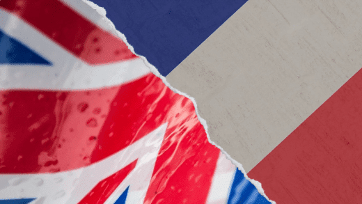 Les 2 drapeaux France / Royaume-Uni en superposition, autour d'une collaboration sécurité IA.